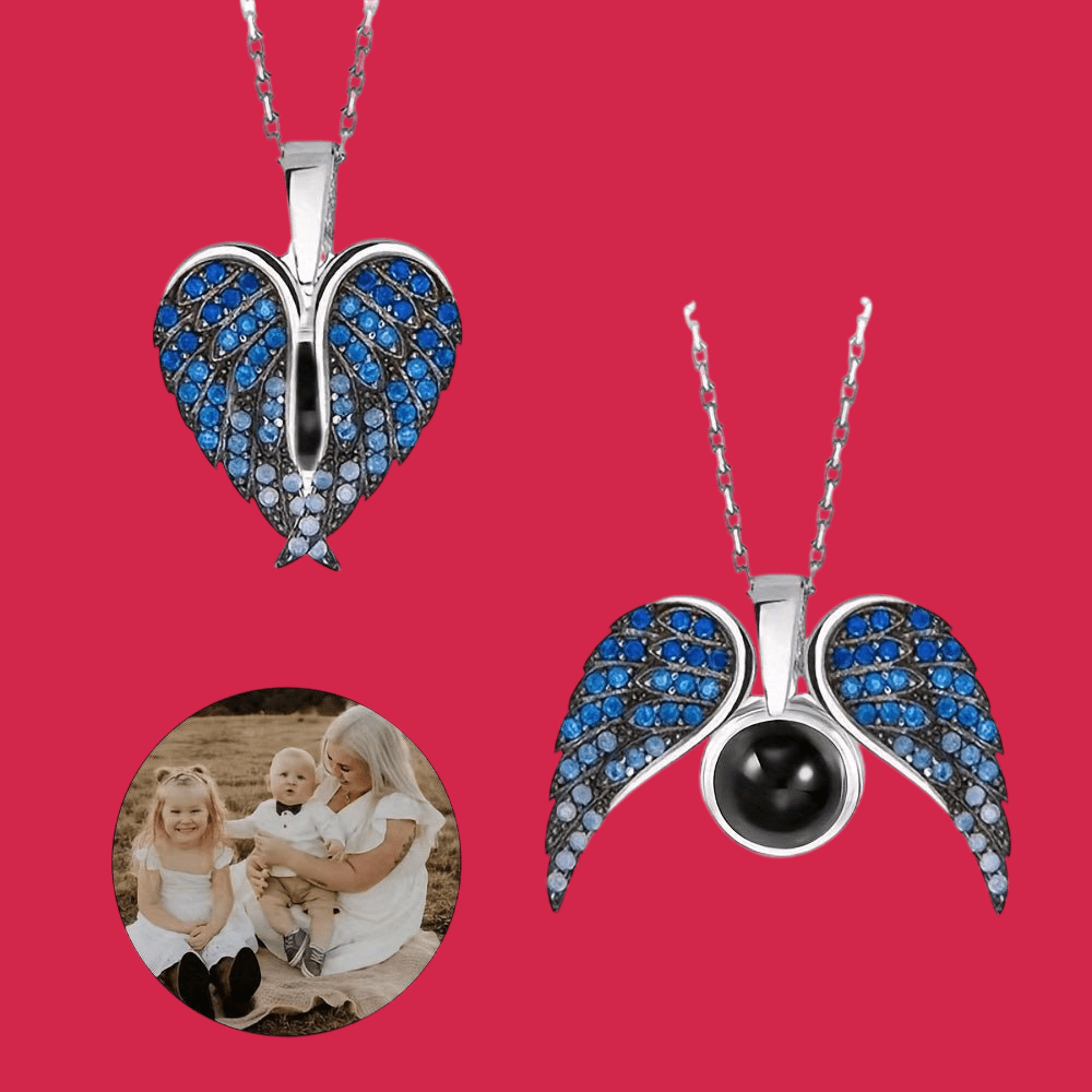 Two blue and silver pendants on a red background with a family photo inset.