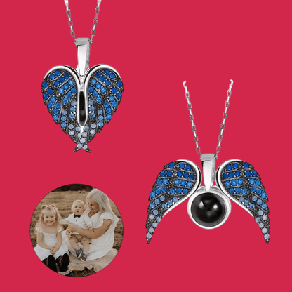 Two blue and silver pendants on a red background with a family photo inset.